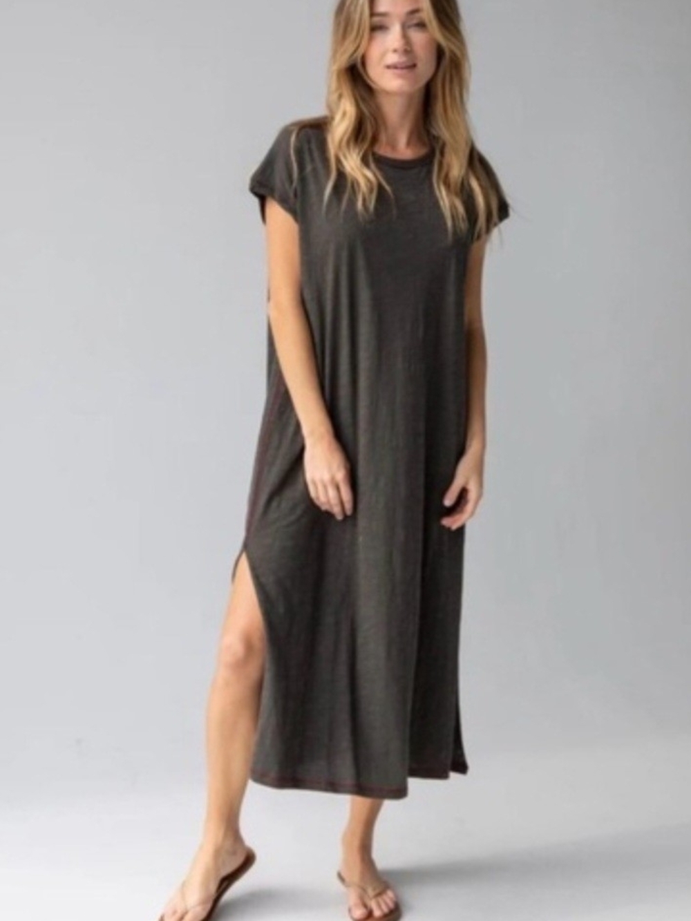 NATURAL LIFE Charcoal Cap Sleeve Maxi Dress with Side Slit